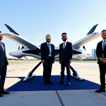 **

A diverse group of professionals in modest, modern business attire are gathered at a launch event showcasing a futuristic electric vertical takeoff and landing (eVTOL) aircraft. The aircraft is sleek and silver. The scene is set at a modern airport terminal, with city skyline visible in the background. Focus on excitement and innovation. Perfect anatomy, correct proportions, well-formed hands, proper finger count, safe for work, appropriate content, fully clothed, professional setting.

**
