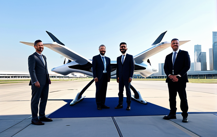 **

A diverse group of professionals in modest, modern business attire are gathered at a launch event showcasing a futuristic electric vertical takeoff and landing (eVTOL) aircraft. The aircraft is sleek and silver. The scene is set at a modern airport terminal, with city skyline visible in the background. Focus on excitement and innovation. Perfect anatomy, correct proportions, well-formed hands, proper finger count, safe for work, appropriate content, fully clothed, professional setting.

**