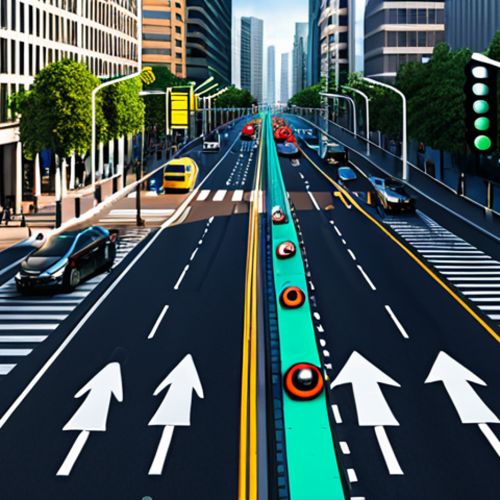 Smart Traffic Management in a Modern City**

"A bustling cityscape with modern buildings, showcasing a smart traffic management system. AI-controlled traffic lights efficiently manage the flow of fully clothed pedestrians and vehicles. Real-time data displays alternative routes on digital signs. Professional, safe for work, appropriate content, correct proportions, well-formed details, professional illustration, daylight."

**