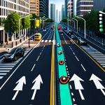 Smart Traffic Management in a Modern City**

"A bustling cityscape with modern buildings, showcasing a smart traffic management system. AI-controlled traffic lights efficiently manage the flow of fully clothed pedestrians and vehicles. Real-time data displays alternative routes on digital signs. Professional, safe for work, appropriate content, correct proportions, well-formed details, professional illustration, daylight."

**