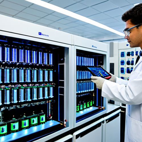 Advanced Battery Technology**

"A futuristic research lab, scientists in lab coats working on advanced battery prototypes, including solid-state and flow batteries. Focus on the technology: glowing circuits, innovative designs, and digital displays showing battery performance metrics. Professional, educational, safe for work, appropriate content, fully clothed, perfect anatomy, natural proportions, high-resolution, well-lit."

**