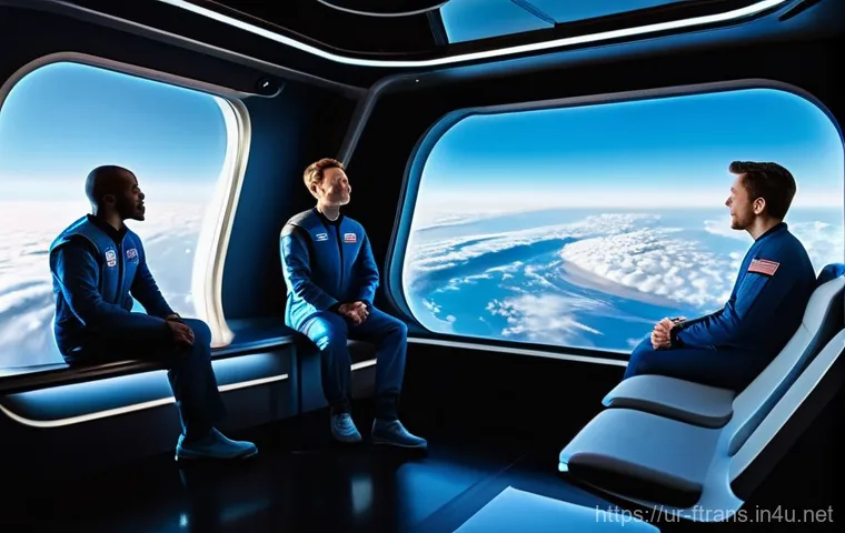 우주 항공사 - **Prompt:** A diverse group of space tourists, including men and women of various ethnicities, are e...