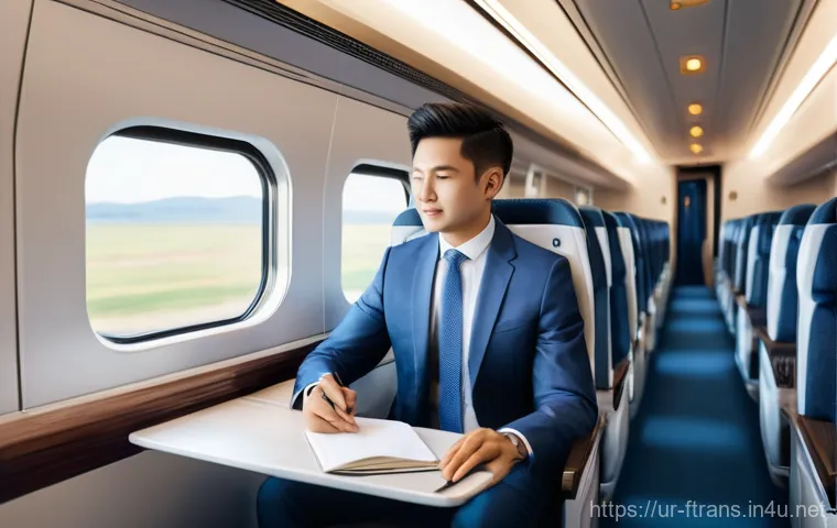 고속철도 환경 - **Prompt:** "A serene and luxurious interior of a modern high-speed train carriage, showcasing advan...