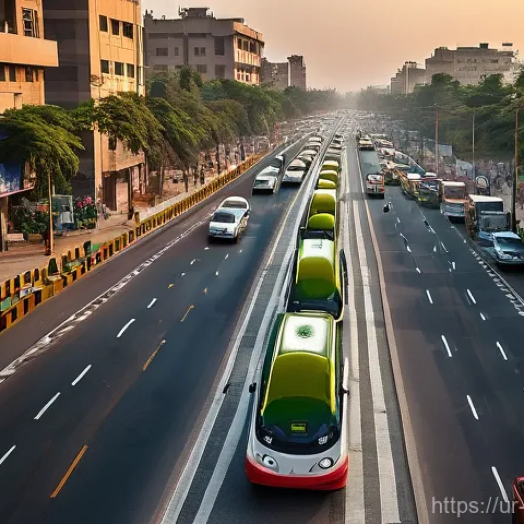 도로에 스마트 센서 배치 - **Urban Harmony with Smart Roads in Pakistan**
A vibrant, wide-angle shot of a bustling street i...