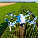 전기 드론 기술 - A high-angle shot of a state-of-the-art electric agricultural drone, featuring multiple rotors and a...