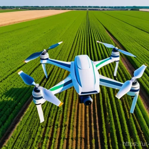 Home 23 전기 드론 기술 - A high-angle shot of a state-of-the-art electric agricultural drone, featuring multiple rotors and a...