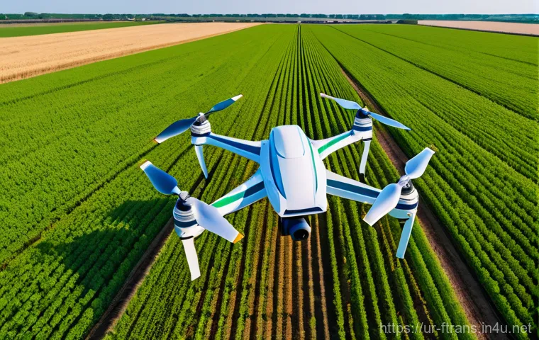 전기 드론 기술 - A high-angle shot of a state-of-the-art electric agricultural drone, featuring multiple rotors and a...
