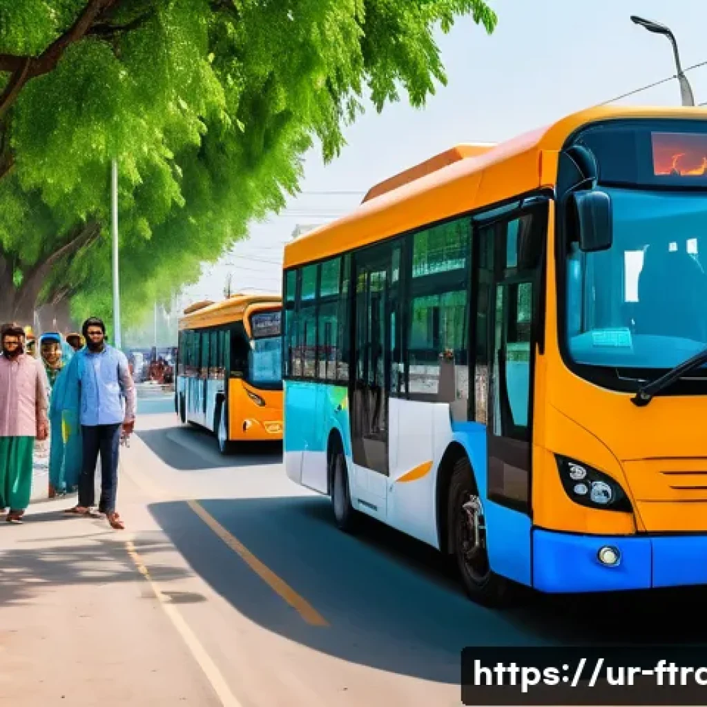 지속 가능한 교통 - A vibrant urban street scene in Karachi showcasing modern electric buses and electric cars smoothly ...