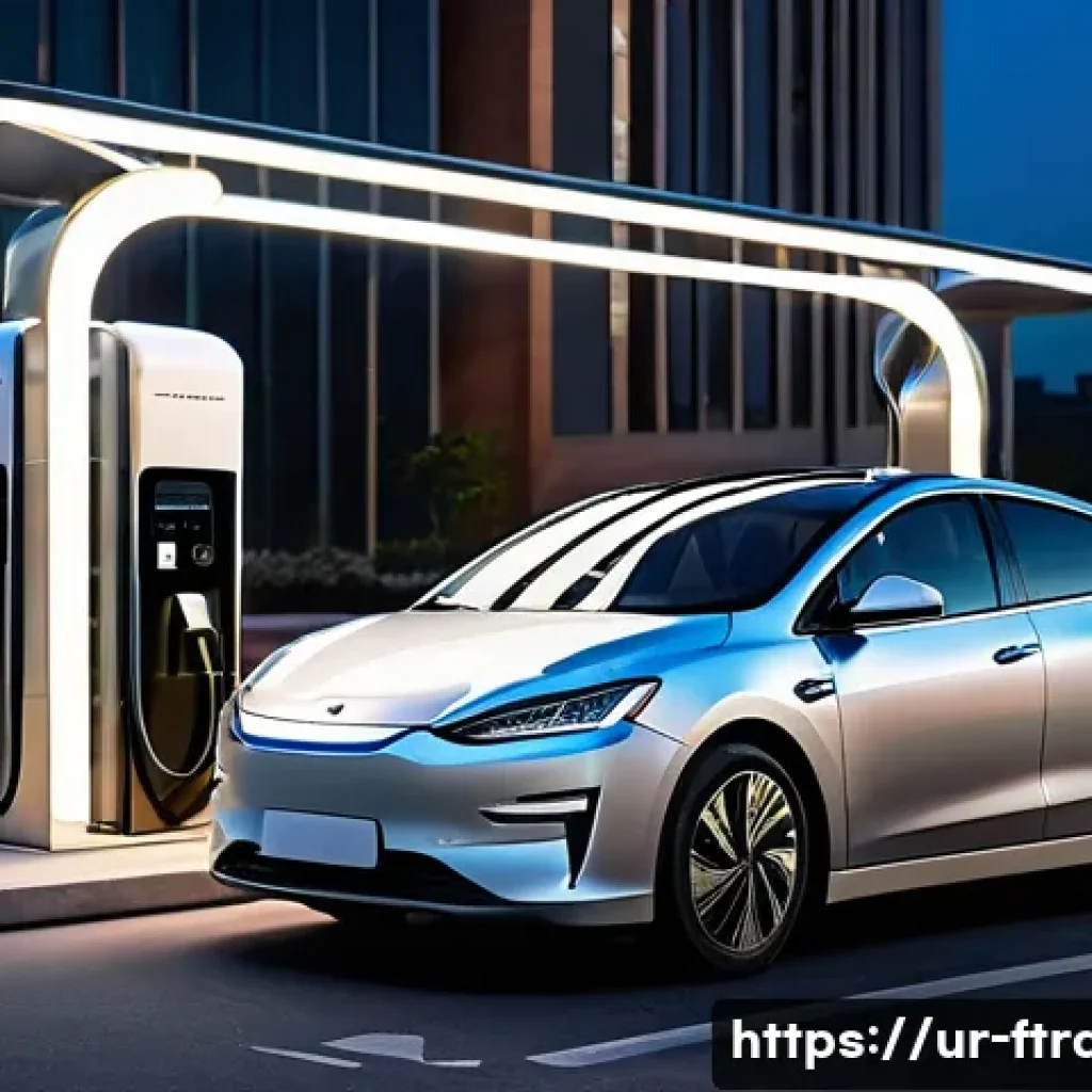 리튬 이온 배터리 - A modern electric vehicle charging at a sleek, futuristic public charging station in an urban Pakist...