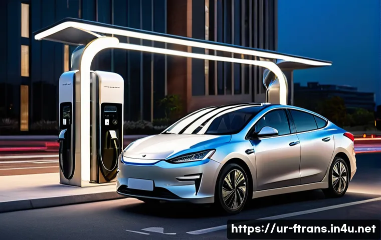 리튬 이온 배터리 - A modern electric vehicle charging at a sleek, futuristic public charging station in an urban Pakist...