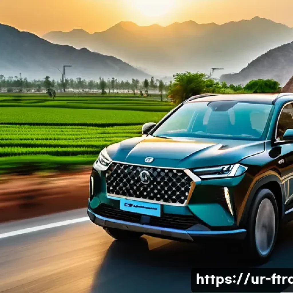 전기차 - A sleek, modern electric SUV driving on a scenic highway during sunset in Pakistan, showcasing a spa...
