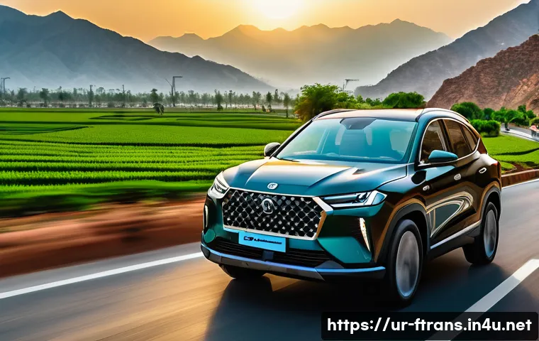 전기차 - A sleek, modern electric SUV driving on a scenic highway during sunset in Pakistan, showcasing a spa...
