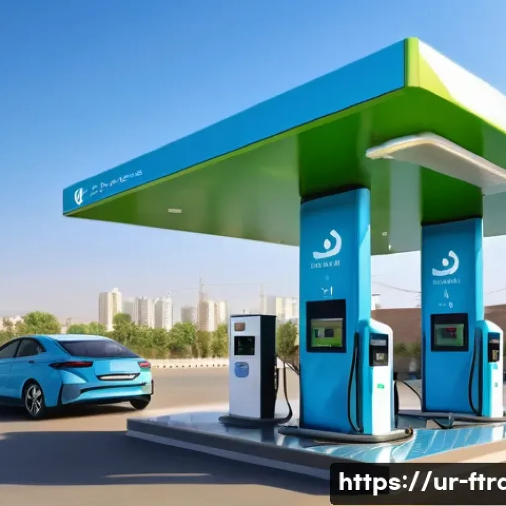 수소차 충전소 - A modern hydrogen charging station in a bustling Pakistani city setting during daylight, featuring s...