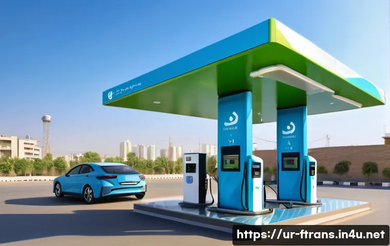 수소차 충전소 - A modern hydrogen charging station in a bustling Pakistani city setting during daylight, featuring s...