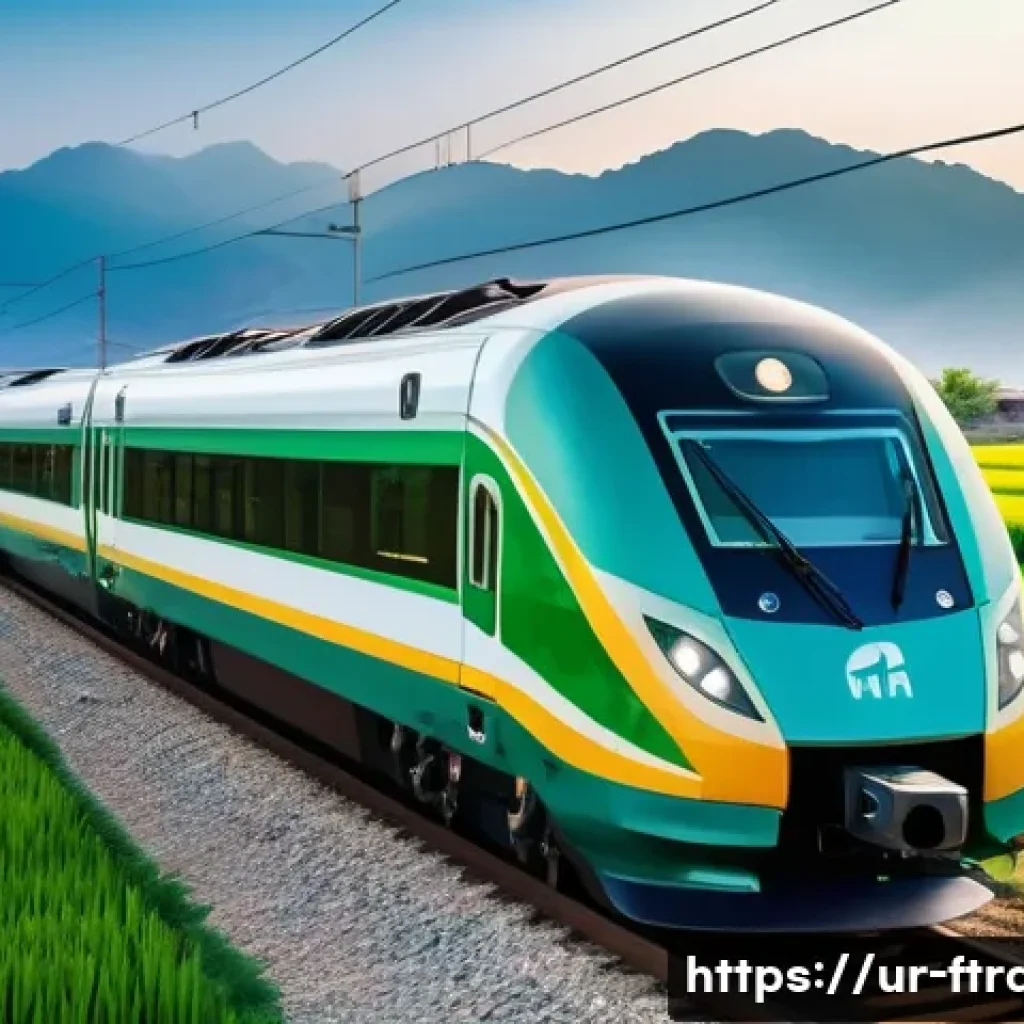 고속철도 효율성 - A modern high-speed train speeding through a scenic Pakistani landscape during sunrise, showcasing s...