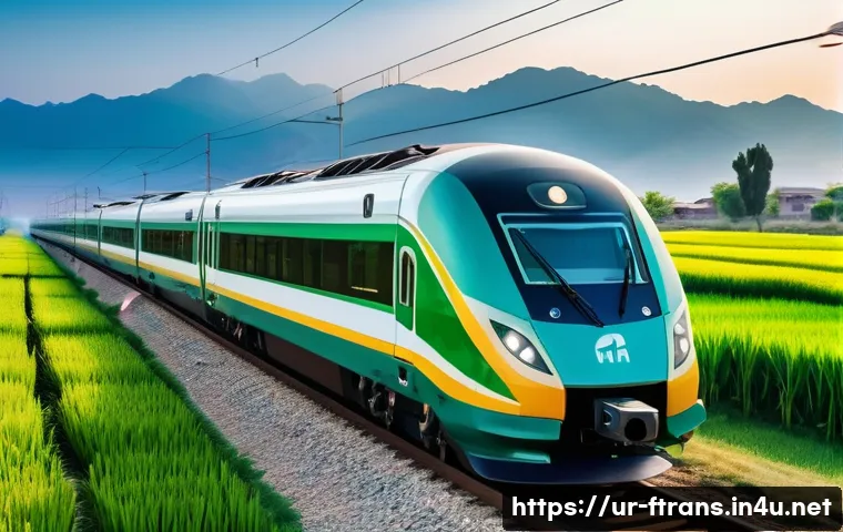 고속철도 효율성 - A modern high-speed train speeding through a scenic Pakistani landscape during sunrise, showcasing s...