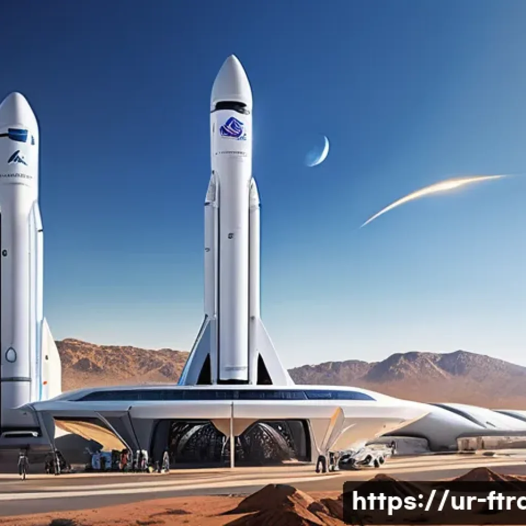 우주 항공사 시장 - A futuristic private spaceport bustling with activity, featuring sleek reusable rockets from compani...