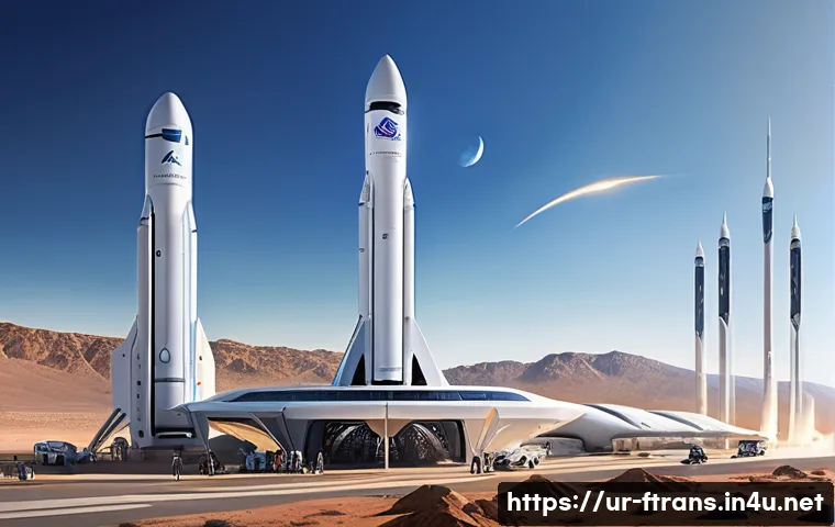 우주 항공사 시장 - A futuristic private spaceport bustling with activity, featuring sleek reusable rockets from compani...