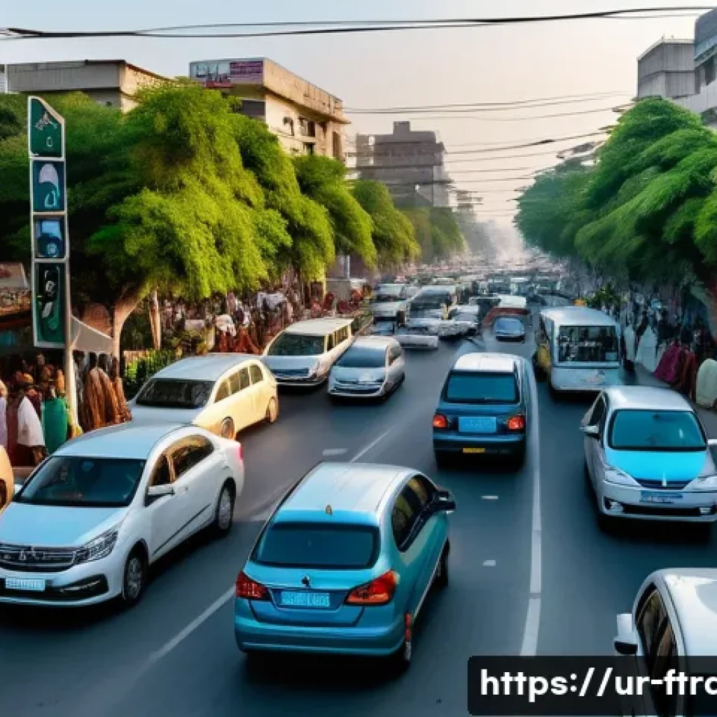 교통 데이터 분석 - A busy urban intersection in a modern Pakistani city during rush hour, featuring numerous vehicles i...