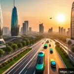 플라잉 택시 기술 - A futuristic urban skyline at sunset in a large South Asian city, featuring sleek electric air taxis...
