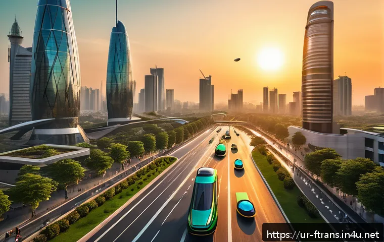 플라잉 택시 기술 - A futuristic urban skyline at sunset in a large South Asian city, featuring sleek electric air taxis...