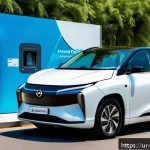 수소차 상용화 - A sleek modern hydrogen fuel cell car parked at a futuristic refueling station in an urban setting i...