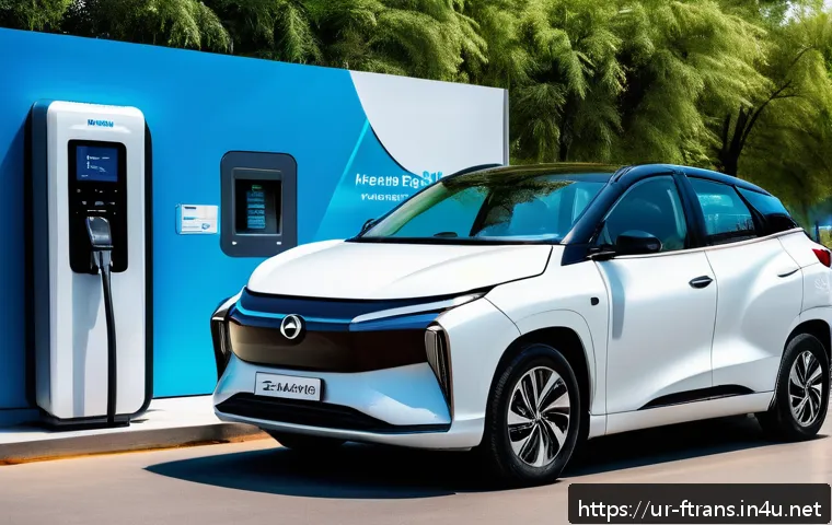 수소차 상용화 - A sleek modern hydrogen fuel cell car parked at a futuristic refueling station in an urban setting i...