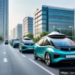지속 가능한 자율주행 - A futuristic city street scene in a Pakistani urban environment showcasing multiple autonomous elect...