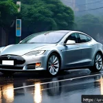 테슬라 자율주행 - A sleek Tesla electric car navigating through heavy rain and fog on a busy urban road in Pakistan, e...