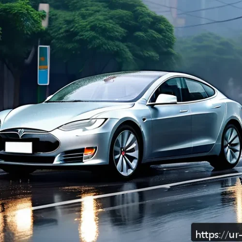 테슬라 자율주행 - A sleek Tesla electric car navigating through heavy rain and fog on a busy urban road in Pakistan, e...