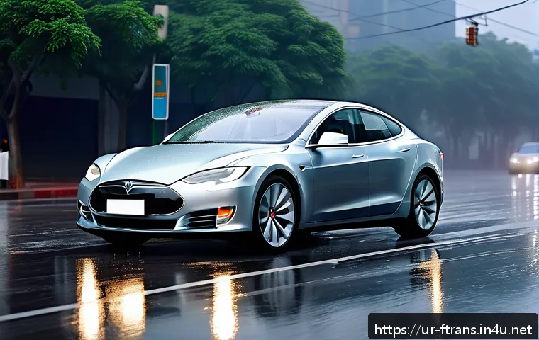 테슬라 자율주행 - A sleek Tesla electric car navigating through heavy rain and fog on a busy urban road in Pakistan, e...