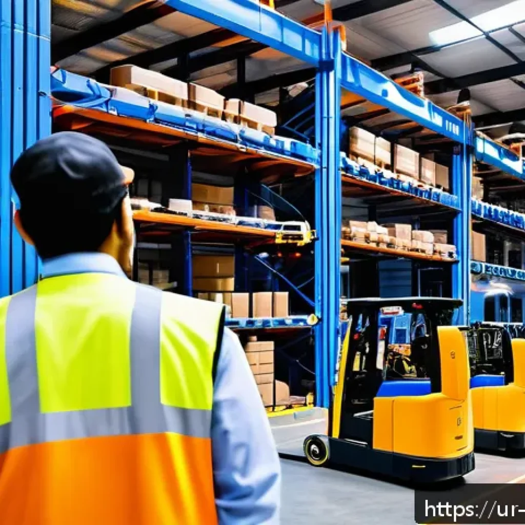 물류 자동화 시스템 - A highly detailed warehouse interior featuring advanced robotics automation: sleek robotic arms and ...