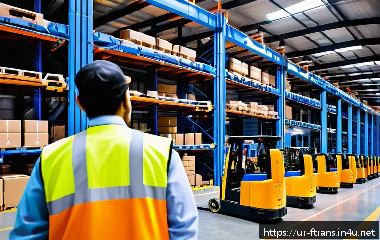 물류 자동화 시스템 - A highly detailed warehouse interior featuring advanced robotics automation: sleek robotic arms and ...