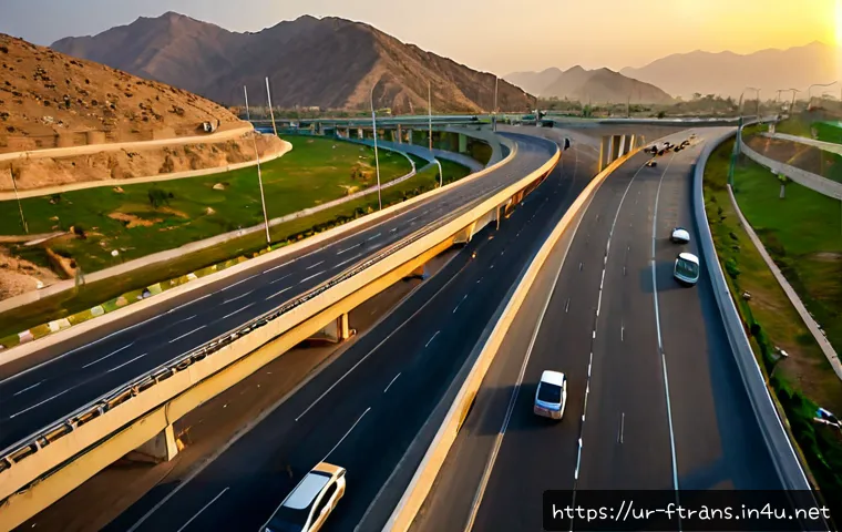 Home 17 도로 인프라 혁신 - Photorealistic wide-angle view of a newly modernized highway interchange in Pakistan at sunrise, smo...